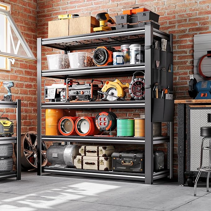 REIBII Storage Shelves, Heavy Duty Garage Shelving Load 2500LBS, 5-Tier Garage Shelves with Tool Storage Bag, Adjustable Industrial Metal Shelving for Basement, 66" H x38.2 W x16 D, Black
