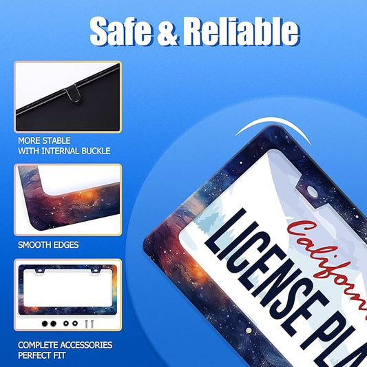Watercolor Galaxy License Plate Frame Colorful Starry Sky License Plate Stainless Steel Funny License Plate Holder Men Women Galaxy Car Accessory Decoration 12.3" x 6.3"