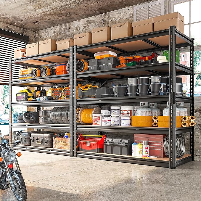 REIBII 48.2" W Garage Shelving, Storage Shelves Load 3000LBS, Adjustable Garage Shelving Heavy Duty for Pantry, Basement, Warehouse, 48.2" W X 71.9" H X 24" D, Black