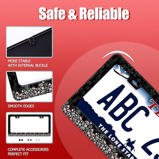 Cute Pink Flowers License Plate Frame Colorful Floral License Plate Frames Funny Auto Accessories Stainless Steel License Plate Holder 6x12 Inch