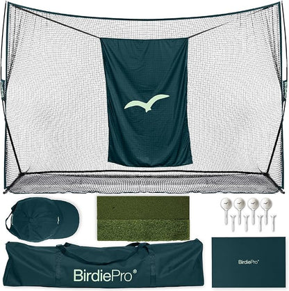 BirdiePro® - American Pro Golf Practice Net – 10x7ft Heavy Duty Golf Hitting Net with EchoShield™ Target & FlexWeave™ Net - Indoor Outdoor Training Backyard, Garage Complete Set with Mat, Balls & Cap