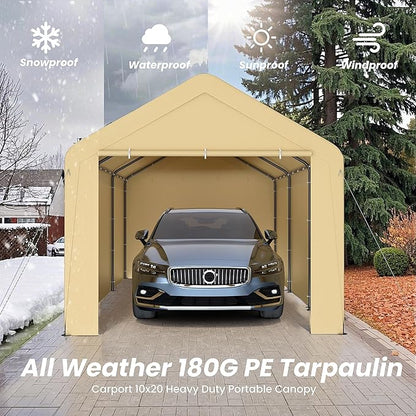 Carport 10x20 Heavy Duty Portable Garage w/Removable Sidewalls & Roll-Up Door Car Canopy Party Tents Waterproof UV Resistant All Weather Car Port for Trucks,Boats (Yellow)