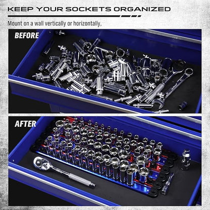 Magnetic Socket Holder Organizer Set: 6-Piece Detachable 1/4, 3/8, 1/2 Socket Trays Socket Organizer for Tool Box Drawer Holds 80-Piece Standard Size Sockets for Automotive Mechanic Garage(Red Blue)