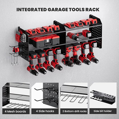TRZZ 2-in-1 Power Tool Organizer Wall Mount, 3-Layer Drill Holder with 2 Side Pegboards, 8 Drill Holders, 4 Hooks, and 1 Drill Bit Rack, Tool Storage for Garage, Workshop, and Tool Room (Black)