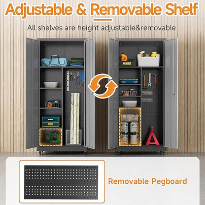 Metal Garage Storage Cabinet with 2 Doors, Adjustable Rolling Tool Storage Cabinet with Lock, 71" Steel Locking Tool Cabinet with Wheels and Shelves for Garage, Warehouse(Black&Gray, 71" H)