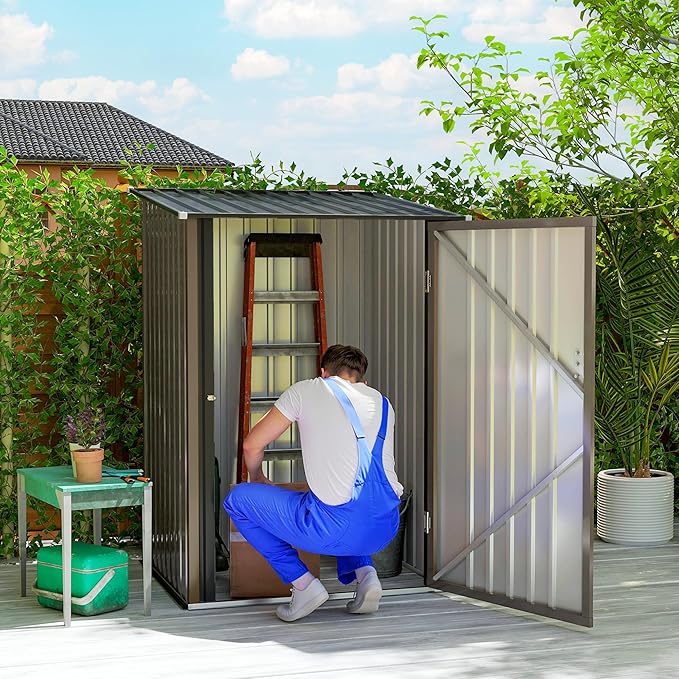 Outsunny 3.3' x 3.4' Outdoor Storage Shed, Metal Garden Tool House with Sloping Roof and Lockable Door for Backyard, Bike, Patio, Garage, Lawn, Brown