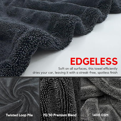 Extra Large Car Drying Towel - 1400 GSM Edgeless Twisted Loop Design - 70/30 Blend Microfiber Towels for Cars, Trucks, SUVs - Superior Absorption, Streak-Free - 24" x 36", Black