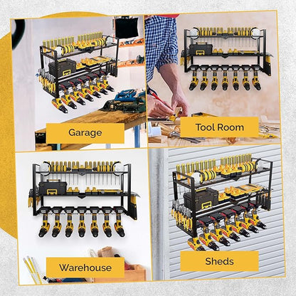 Power Tool Organizer Wall Mount 3 Tier 7 Drill Holders support up to 300Lbs - Metal Cordless Garage Wall Organizer for Cordless Drill, drill holder Rack Suitable for workshop organizers and storage