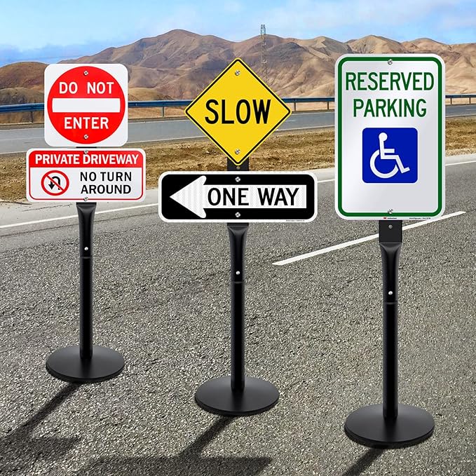 Heavy Duty Parking Sign Base Cast Iron 48" Parking Sign Post, Heavy Duty Cast Iron Sign Holder Base, Movable Sign Stand Suitable for Hanging Warning, Notice, Guiding Sign Display Stand (Black)