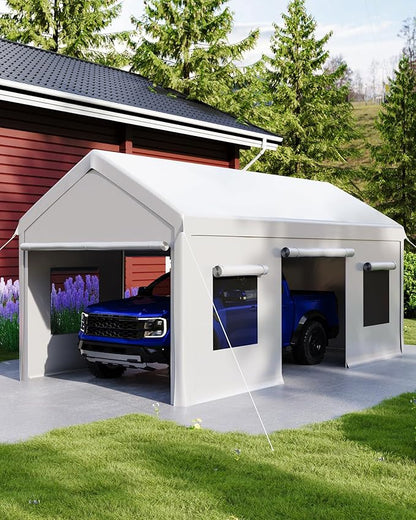 10x20 Ft. Metal Carport Garage with PE Fabric and Galvanized Steel Frame Outdoor Shelter for Cars, Trucks and Boats with 4 Doors and Mesh Windows for Ventilation - White