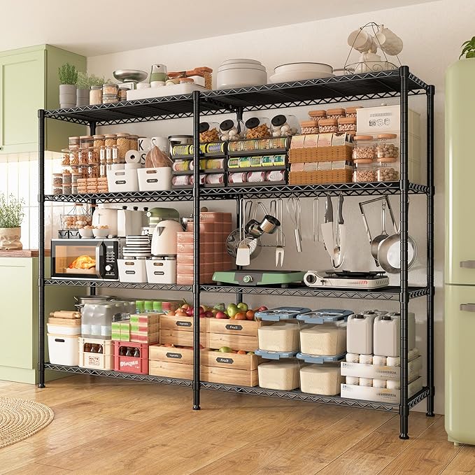 REIBII 61.7''W Storage Shelves Load 1220LBS Wire Shelving Unit 4 Tier Metal Shelving for Storage Rack Shelves Heavy Duty Garage Shelf Pantry Shelves Kitchen Shelving, 61.7" W*62.9" H*15.8" D, Black