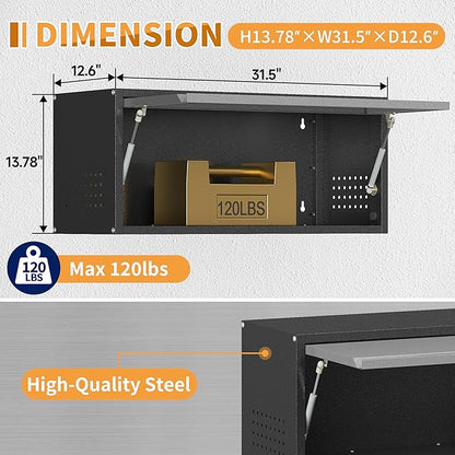 Metal Garage Wall Cabinet with Up-Flip Door,Wall-Mounted Steel Storage Cabinet, Float Tool Cabinet with Pegboard,Upper Cabinet for Kitchen,Garage,Workshop,Warehouse(13.8" H,Black&Gray)