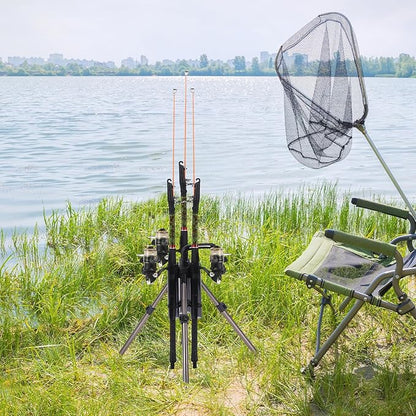 Gisafai Fishing Rod Carrier Foldable Pole Holder Stand 3 Rod Portable Surf Fishing Holder Vertical Beach Pole Storage Freestanding Rack for Garage, Home, Outdoor