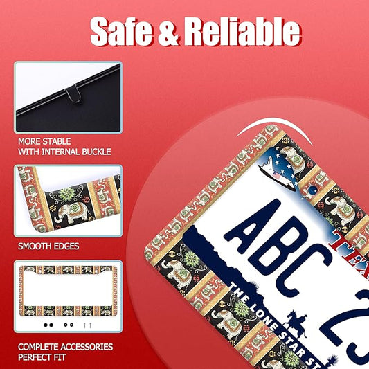 Tribal Elephant License Plate Frame Boho Animal License Plate Frames Funny Auto Accessories Bracket Stainless Steel License Plate Holder 6x12 Inch