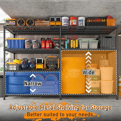 REIBII 81.5''W Storage Shelves 3680LBS Garage Shelving Heavy Duty 4 Tier Metal Shelving Unit Adjustable Wire Shelf and Storage Pantry Shelves for Kitchen Garage, 81.5Wx23.62Dx70.86H，Black, 2PCS