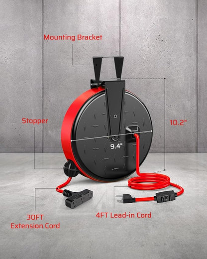 DEWENWILS 30FT Extension Cord Reel, 16/3 Gauge SJTW Power Cord, Retractable Cord Reel with 3 Outlets, Ceiling/Wall Mount for Garage, Workshop, 10A Circuit Breaker, Metal Plate, UL Listed, Red