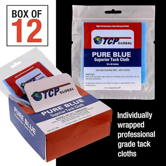 TCP Global Pure Blue Superior Tack Cloth, 12-Pack, Automotive & Woodworking, Dust/Stain/Paint Rags, Tac Cloth for Autobody