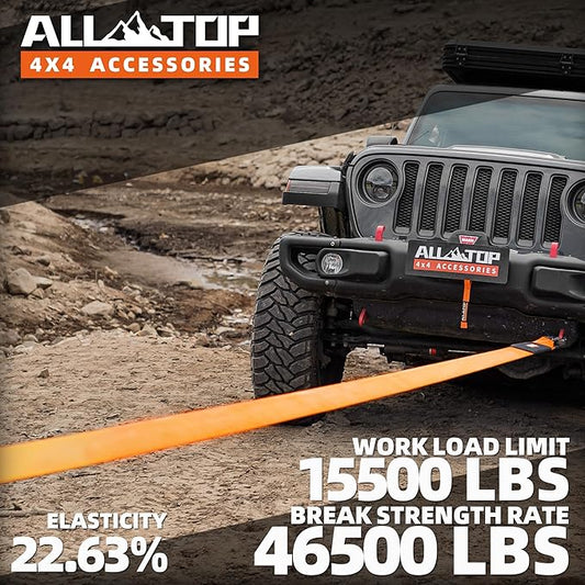 ALL-TOP Recovery Snatch Strap, 4in x 20ft - 46500Lbs, Extreme Duty 100% Nylon Kinetic Towing Recovery Strap with 22% Elongation & Reinforced Loops