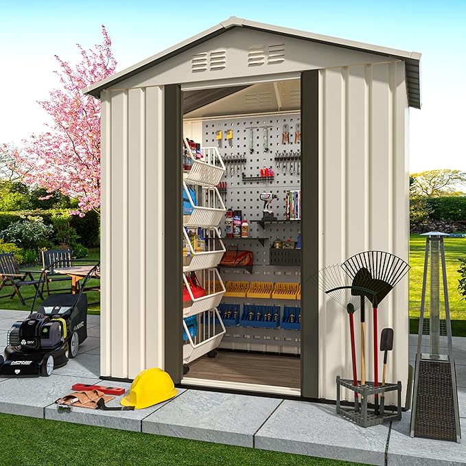 5x3 FT Outdoor Storage Shed, Metal Garden Shed with Lockable Sliding Doors, Small Outside Tool Shed with Sloped Roof & 4 Air Vents, Waterproof Storage Building for Backyard, Patio, Lawn, Cream White