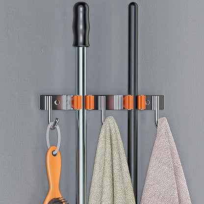 Heavy Duty Broom and Mop Holder Wall Mounted with 2 Rubber Grip Slots & 3 Utility Hooks – SUS304 Stainless Steel, Waterproof, Self Adhesive or Drill Mount, for Garage, Laundry, Kitchen & Closet Use