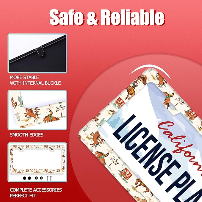 Western Cowboy License Plate Frame Horse Racing License Plate Holder Funny Personalise Car Stainless Stee Decorative Parts for Standard Us Canada Vehicles 12x6 Inch for Women Men