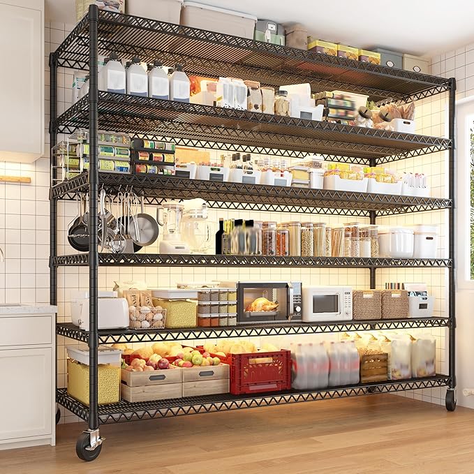 REIBII 60''W X 82.6" H Steel Heavy Duty Wire Shelving Unit with Wheels, 6-Tier Adjustable Storage Shelves 3598LBS Commercial Metal Shelves for Pantry, Garage, College Dorm School Industrial Shelving