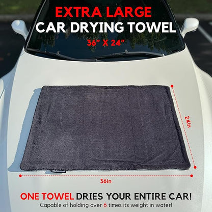 Extra Large Car Drying Towel - 1400 GSM Edgeless Twisted Loop Design - 70/30 Blend Microfiber Towels for Cars, Trucks, SUVs - Superior Absorption, Streak-Free - 24" x 36", Black