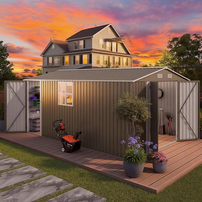 10 x 14 FT Outdoor Storage Shed, Metal Garden Tool Shed with Slooping Roof, Lockable Doors, All-Weather Bike Shed Easy to Assemble for Backyard, Patio, Lawn, White+Black
