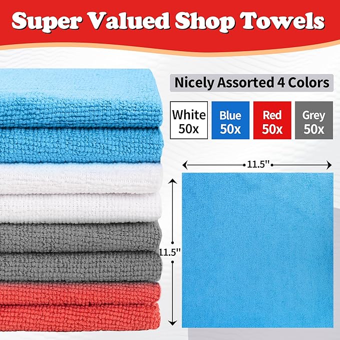 FIXSMITH Shop Towels, Microfiber Cleaning Cloth Bulk, 200 Pack Microfiber Towels for Cars, All-Purpose Absorbent Cleaning Rags, Dust Cloth for Automotive, Mechanic, Garage, Bar, 11.5 x 11.5 inch
