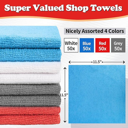 FIXSMITH Shop Towels, Microfiber Cleaning Cloth Bulk, 200 Pack Microfiber Towels for Cars, All-Purpose Absorbent Cleaning Rags, Dust Cloth for Automotive, Mechanic, Garage, Bar, 11.5 x 11.5 inch