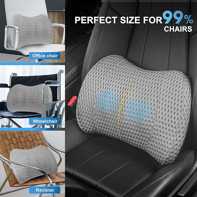 Lumbar Support Pillow for Car, Memory Foam Lumbar Pillow for Lower Back Pain Relief - Back Cushion for Driving, Chair Support for Car-Office Chair, Wheelchair - Mesh Gray
