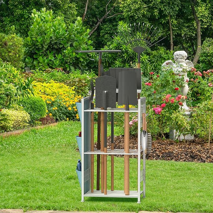 YBING Garden Tool Organizer, Yard Tool Stand with Side Storage Pockets, Yard Tower Rack for Garage Storage, Freestanding Tools Organizers and Storage for Shed, White