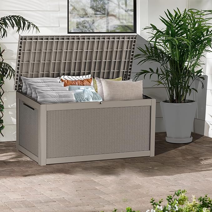 320 Gallon Lockable Resin Deck Box, Waterproof & UV-Resistant Outdoor Storage Box for Outdoor Cushion Storage, Garden Tools & Pool Accessories Storage, Gray