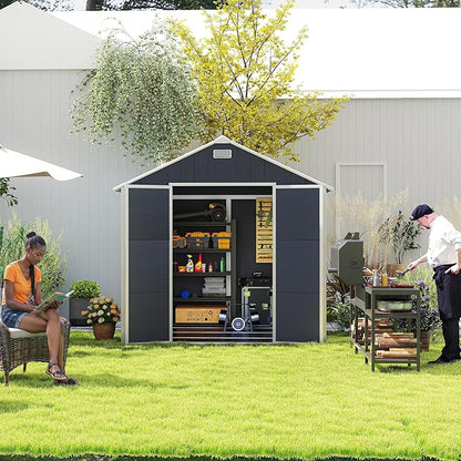 MyVoice 8x8 FT Outdoor Resin Storage Shed with HD Window, Rustproof Waterproof Garden Tool Shed, 12mm Thickened PP Panels, Large Capacity Outdoor Utility House for Backyard Patio (with Floor)