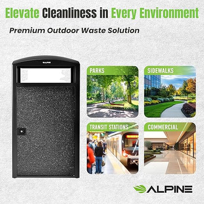 Alpine Outdoor Commercial Trash Can with Lid - 55 Gallon Heavy Duty Steel Garbage Can with Removable Bin, Locking Door for a Modern Look in Park, Mall & High Traffic Areas - Black, Grey Stone Panels