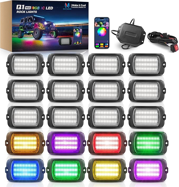 MICTUNING 2025 1000% Bright Q1 MAX RGB+IC Rock Lights, 20 Pods Chasing Dreamcolor Extensible Underglow Multicolor Neon Light Underbody Lighting Kit with APP Control for Truck ATV UTV Boat