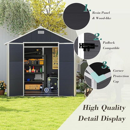 MyVoice 8x8 FT Outdoor Resin Storage Shed with HD Window, Rustproof Waterproof Garden Tool Shed, 12mm Thickened PP Panels, Large Capacity Outdoor Utility House for Backyard Patio (with Floor)