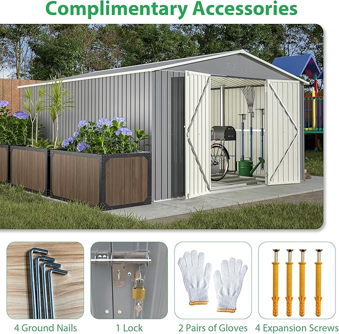 Large Outdoor Storage Shed, 11' X 13' Metal Galvanized Steel Garden Shed with Floor Frame, Utility Tool Shed Storage House for Backyard, Patio, Lawn