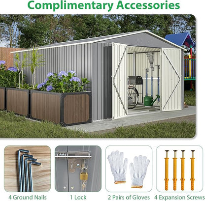 Large Outdoor Storage Shed, 11' X 13' Metal Galvanized Steel Garden Shed with Floor Frame, Utility Tool Shed Storage House for Backyard, Patio, Lawn