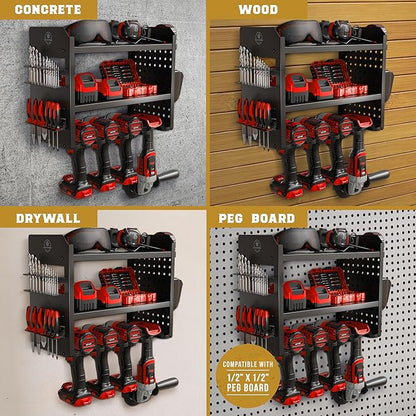 Power Tool Organizer Wall Mount - 3-Tier Heavy-Duty Metal Hand Tool Storage Rack, Utility Racks, Drill Holder, PegBoard Side, & More - Garage Storage Cordless Tool Organizer (Black)