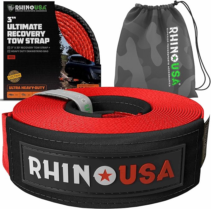 Rhino USA Recovery Tow Strap (3"x30') - 31,518lb Break Strength - Emergency Recovery Strap Tow Rope for Truck, UTV, ATV & More - Heavy Duty Towing Strap for Offroad 4x4 Use- Compatible with Jeep (Red)