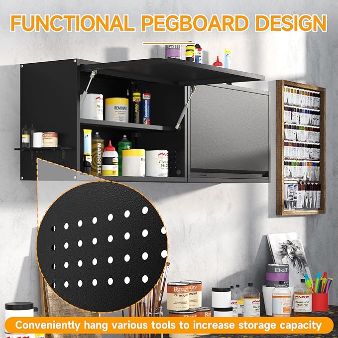 Metal Wall Cabinet with Up-flip Door,Metal Wall Storage Cabinet with Adjustable Shelf,Wall Mounted Tool Cabinets with Pegboard for Garage,Basement,Home Office, Kitchen,Warehouse-Black