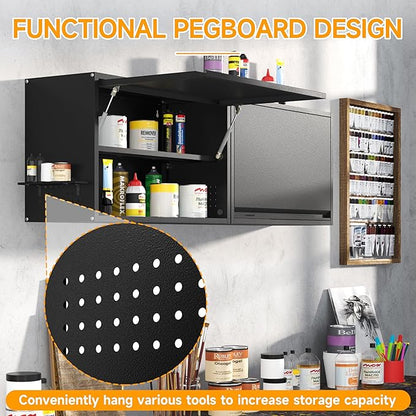 Metal Wall Cabinet with Up-flip Door,Metal Wall Storage Cabinet with Adjustable Shelf,Wall Mounted Tool Cabinets with Pegboard for Garage,Basement,Home Office, Kitchen,Warehouse-Black