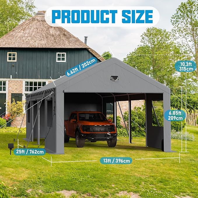 13x25 Carport, Heavy Duty Carport Canopy Garage with Removable Sidewalls and Drive Through Roll Up Zipper Doors & Side Doors, Grey