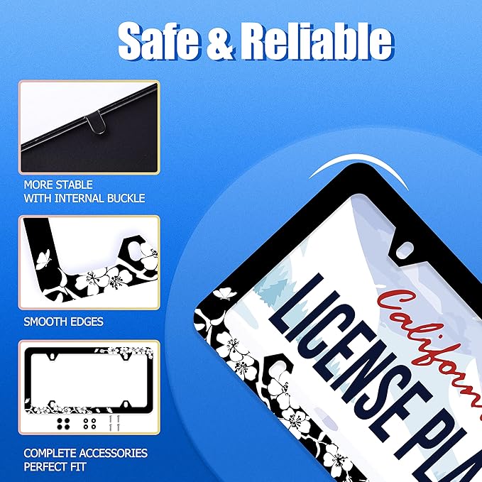 【2Pcs】 Black White Cherry Blossoms License Plate Frame Floral Flowers License Plate Stainless Steel Parts Colorful License Plate Decorative with Screws Size 12.3" x 6.3" Men Women