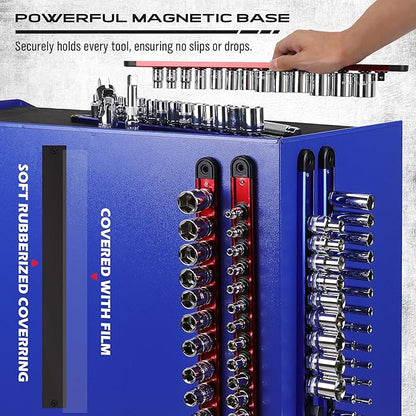Magnetic Socket Holder Organizer Set: 6-Piece Detachable 1/4, 3/8, 1/2 Socket Trays Socket Organizer for Tool Box Drawer Holds 80-Piece Standard Size Sockets for Automotive Mechanic Garage(Red Blue)