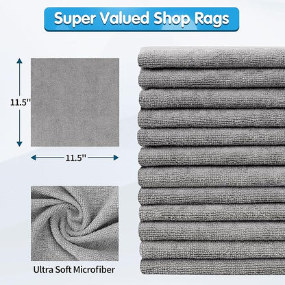FIXSMITH Shop Towels, Pack of 100, Grey Microfiber Cleaning Cloth Bulk, Microfiber Towels for Cars, All-Purpose Absorbent Cleaning Rags, Dust Cloth for Automotive, Mechanic, Garage, 11.5 x 11.5 inch