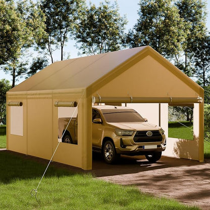 Shintenchi Carport 10' x 20' Heavy Duty Portable Garage, Car Port Canopy with Side-Opening Removable Door & Roll-Up Windows, Car Canopy for Truck,Car,Boat,Motorcycle,Khaki