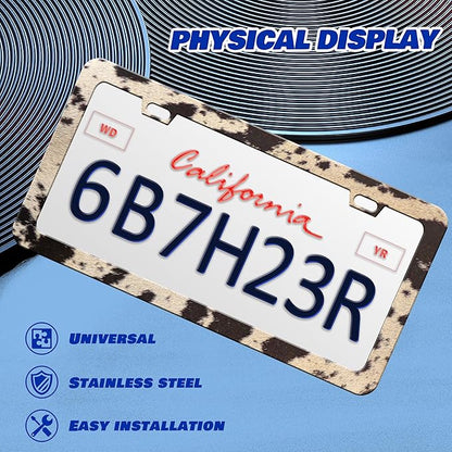 Brown Cow Print License Plate Frame Animal License Plate Frames Personalise Stainless Steel Funny Design Compatible with Standard License Plate Holder for USA Canada 6 X 12 Inch with Screws