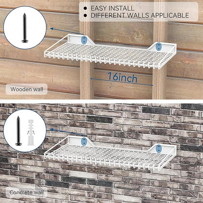 Wallmaster Heavy Duty Garage Wall Shelving 2 Pack 23.6"x11.8" Metal Wire Shelves Wall Mount Mesh Storage Rack for Garage, Office, Basement and Kithcen, max Load 65 lbs (White)